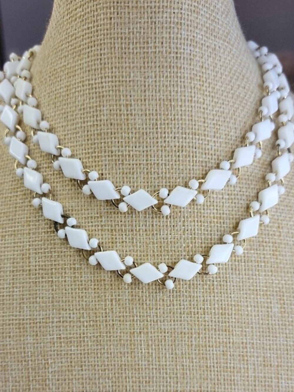 Vintage Trifari White Bead Necklace with Gold-Tone Links